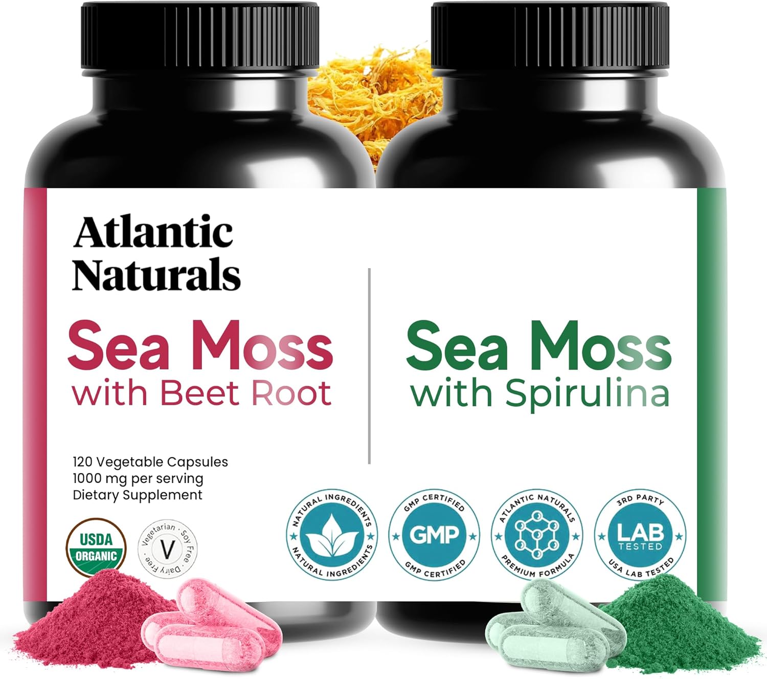 Atlantic Naturals Sea Moss Superfood Bundle - Beet Root & Spirulina Capsules for Defense, Blood Flow, Joint Health & Iron - 240 Capsules