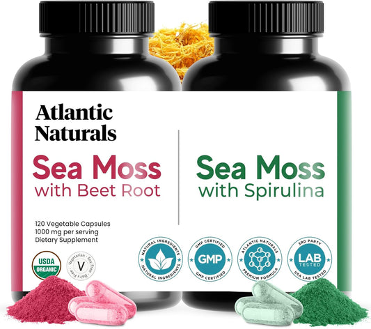 Atlantic Naturals Sea Moss Superfood Bundle - Beet Root & Spirulina Capsules for Defense, Blood Flow, Joint Health & Iron - 240 Capsules