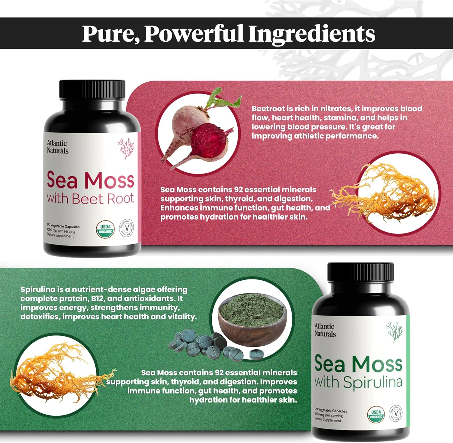 Atlantic Naturals Sea Moss Superfood Bundle - Beet Root & Spirulina Capsules for Defense, Blood Flow, Joint Health & Iron - 240 Capsules