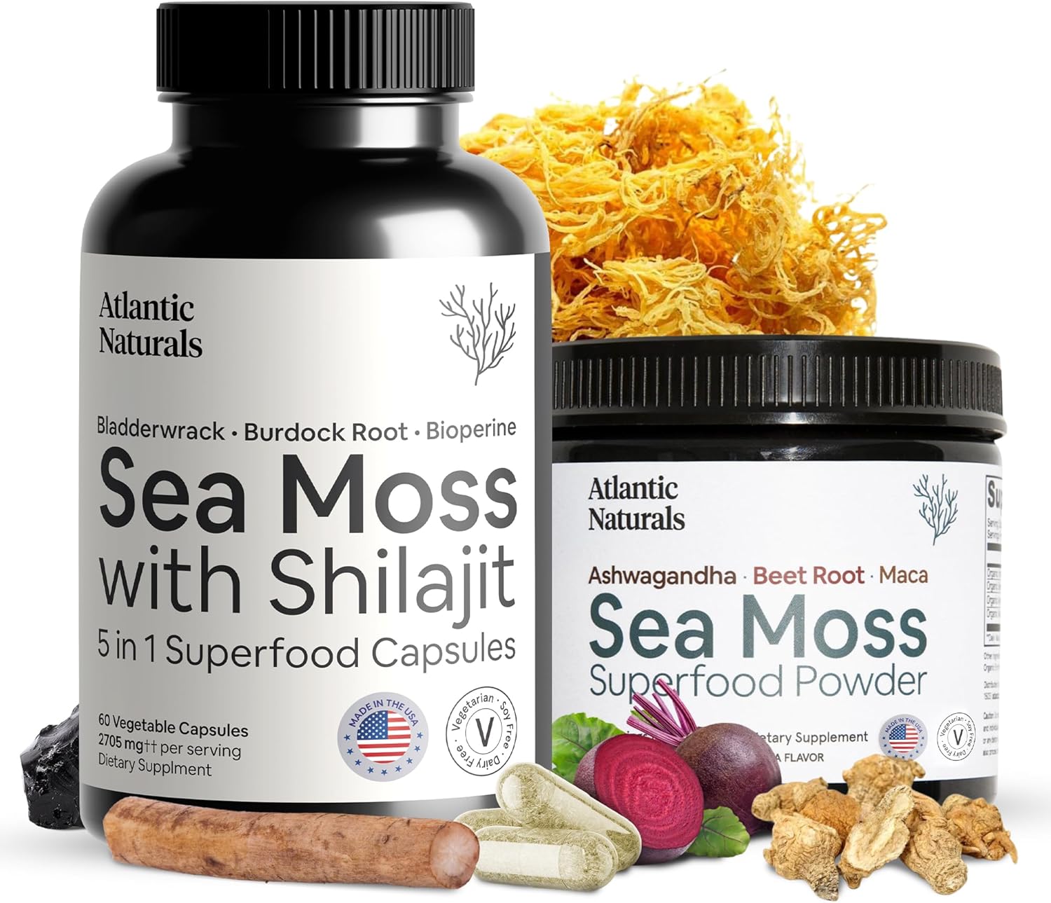 Atlantic Naturals Sea Moss Superfood Bundle - Sea Moss with Shilajit Capsules & Powder with Ashwagandha, Beet Root & Maca - Enhanced Vitality, Skin & Athletic Support 60 ct & 150g