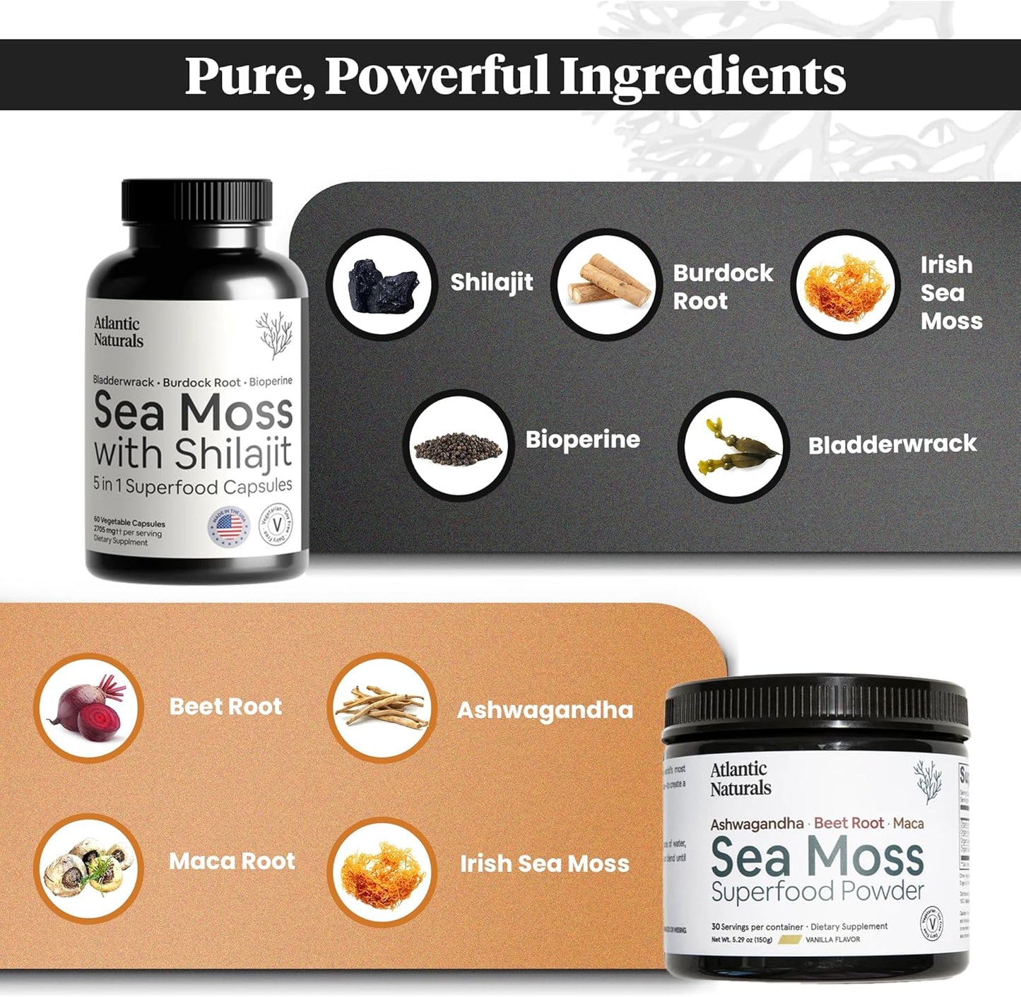 Atlantic Naturals Sea Moss Superfood Bundle - Sea Moss with Shilajit Capsules & Powder with Ashwagandha, Beet Root & Maca - Enhanced Vitality, Skin & Athletic Support 60 ct & 150g
