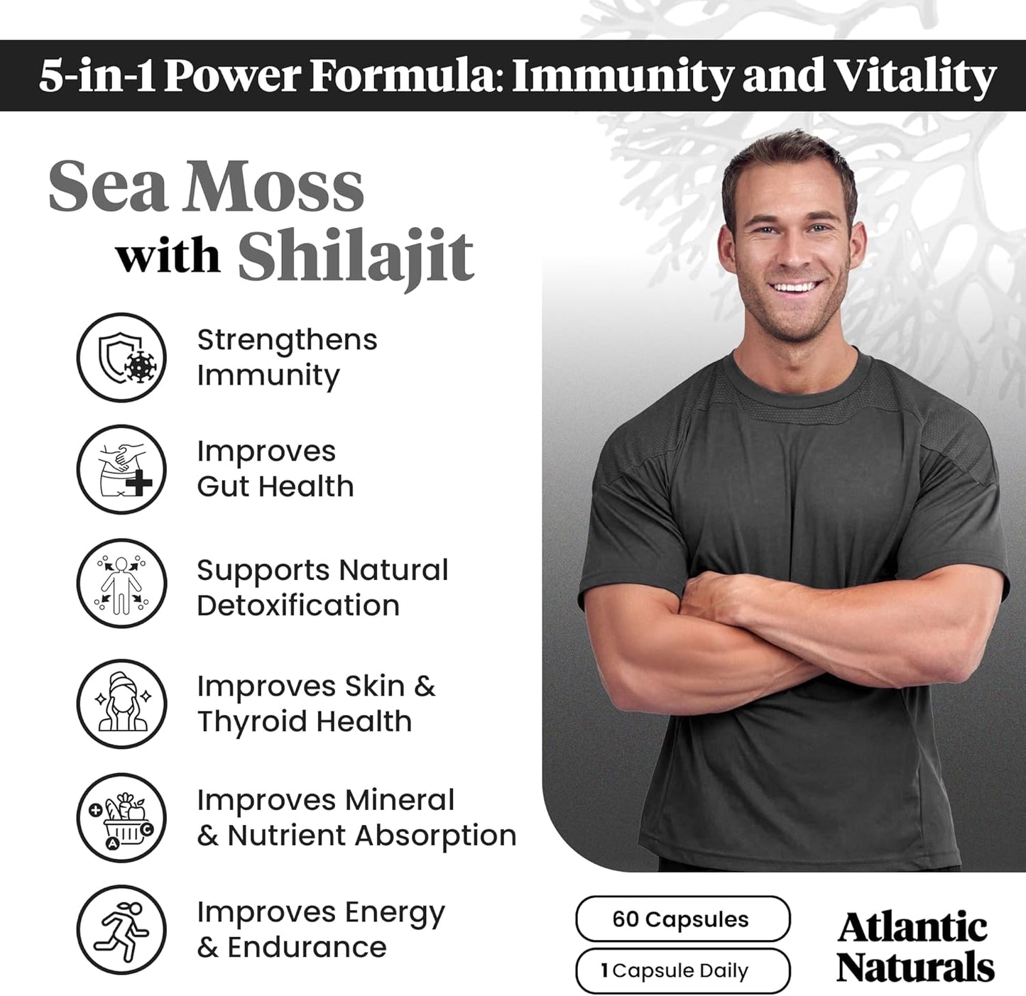 Atlantic Naturals Sea Moss Superfood Bundle - Sea Moss with Shilajit Capsules & Powder with Ashwagandha, Beet Root & Maca - Enhanced Vitality, Skin & Athletic Support 60 ct & 150g