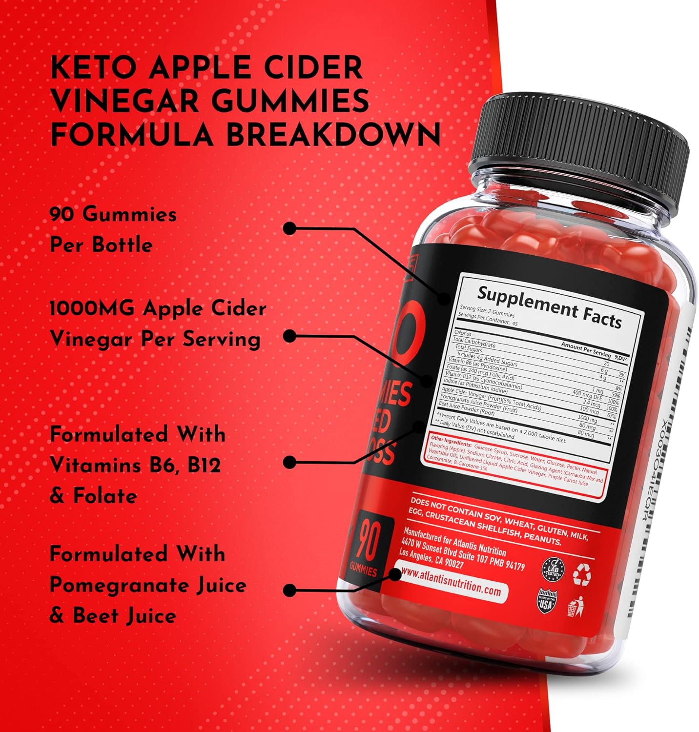 Atlantis Nutrition Keto Apple Cider Vinegar Gummies - Supports Weight Loss, Digestion, Detox - 1000MG ACV - 90 Gummies