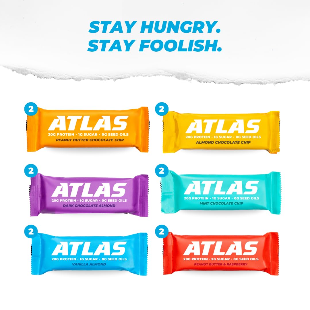 Atlas Whey Protein Bar, 20g Protein, 1g Sugar, Clean Ingredients, Gluten Free, 24 Bars