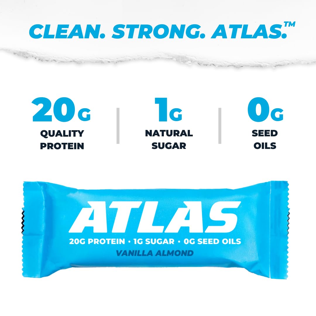 Atlas Whey Protein Bar, 20g Protein, 1g Sugar, Clean Ingredients, Gluten Free, 24 Bars