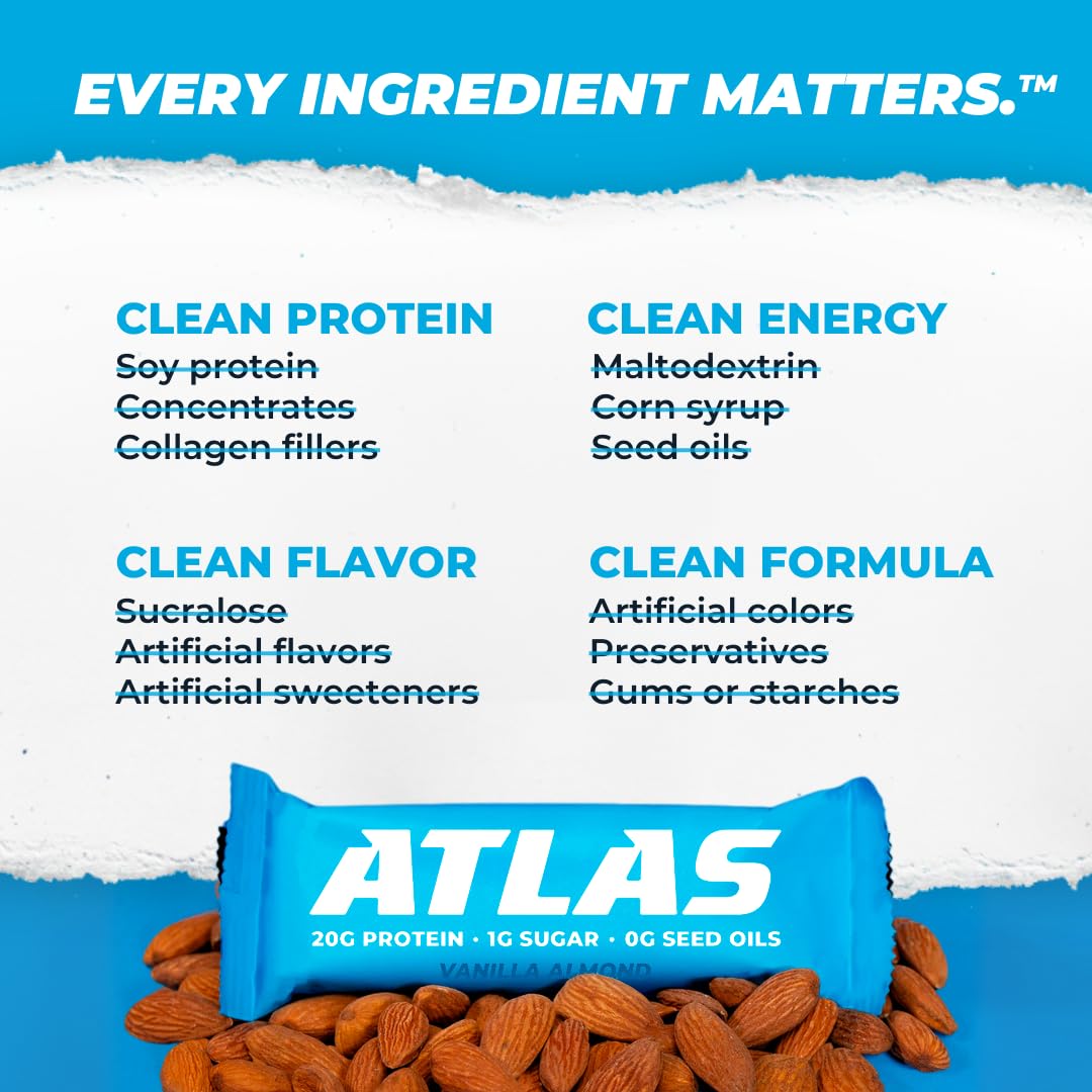 Atlas Whey Protein Bar, 20g Protein, 1g Sugar, Clean Ingredients, Gluten Free, 24 Bars