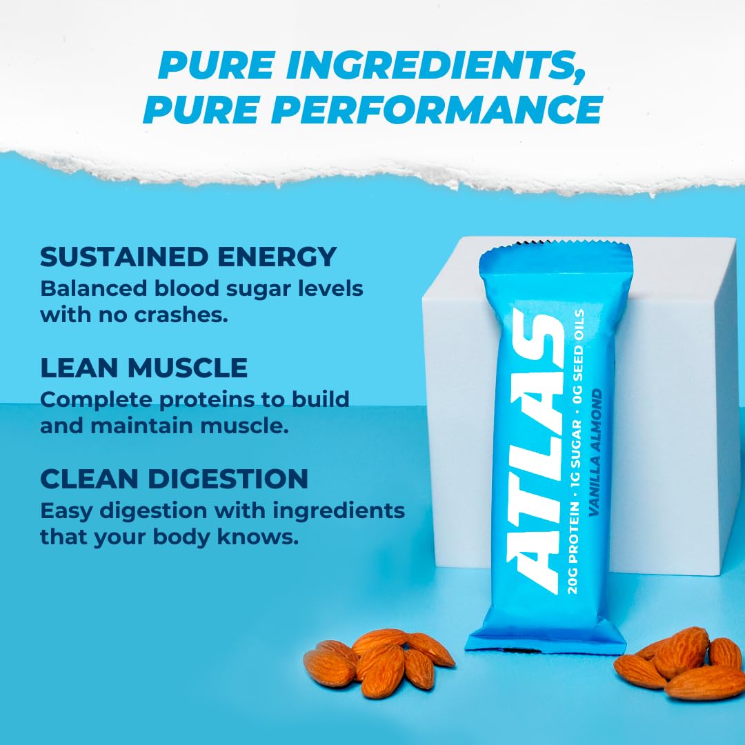 Atlas Whey Protein Bar, 20g Protein, 1g Sugar, Clean Ingredients, Gluten Free, 24 Bars