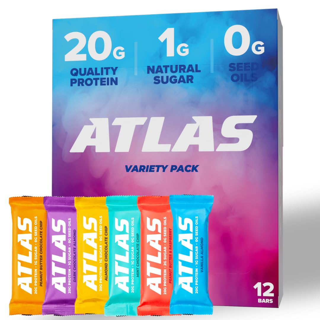 Atlas Whey Protein Bars, 20g Protein, Low Sugar, Gluten-Free, Clean Ingredients, 12 Count Pack