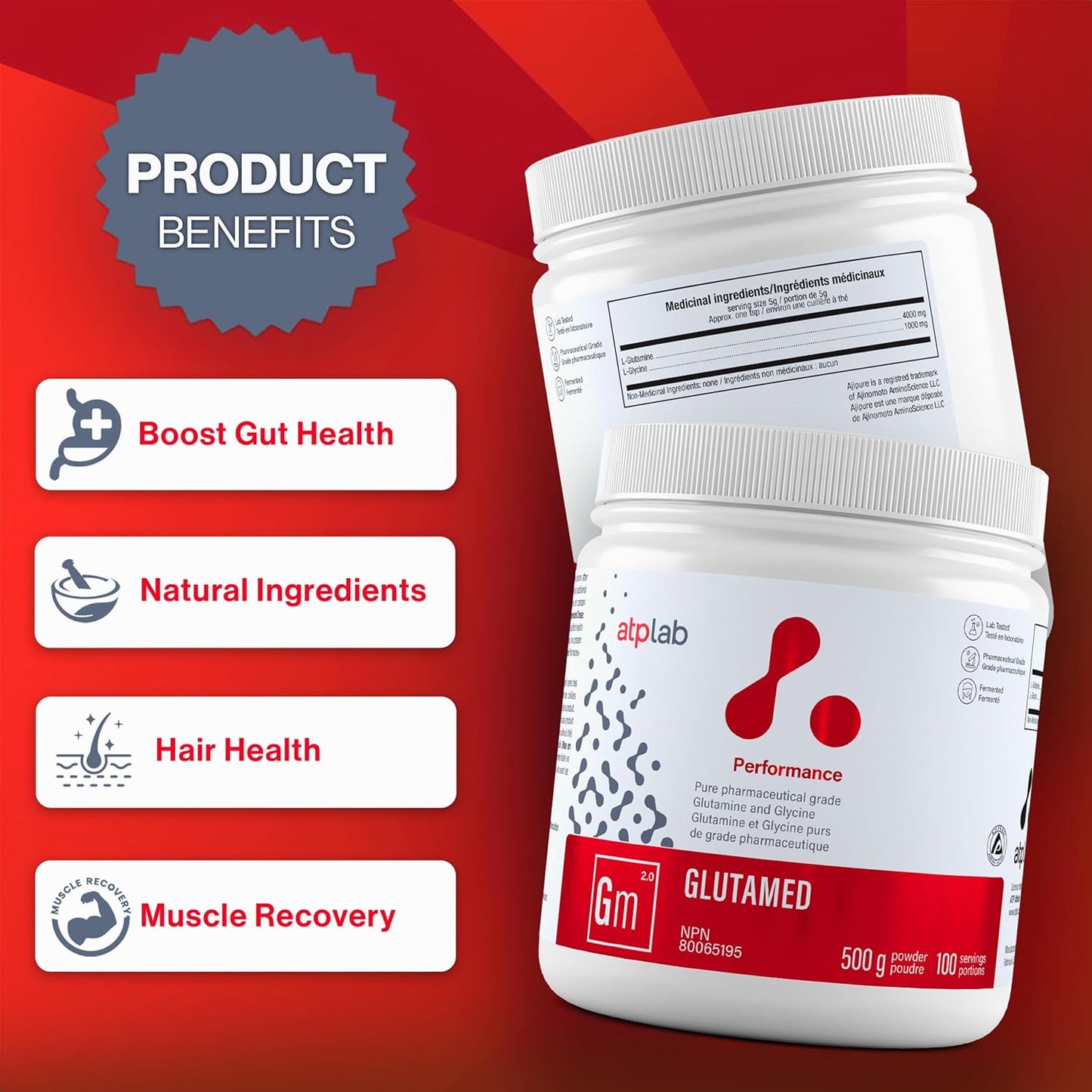 ATP LAB Glutamed 500g - High-Quality Pharmaceutical-Grade Glutamine and Glycine Blend