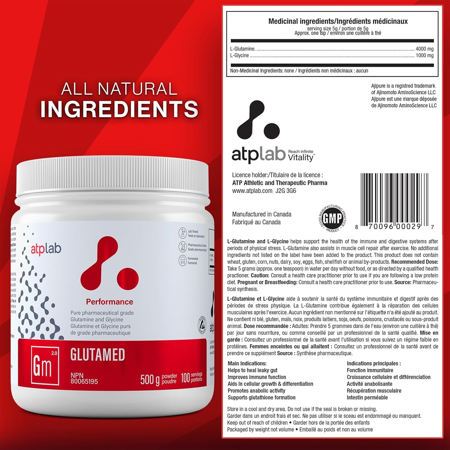ATP LAB Glutamed 500g - High-Quality Pharmaceutical-Grade Glutamine and Glycine Blend