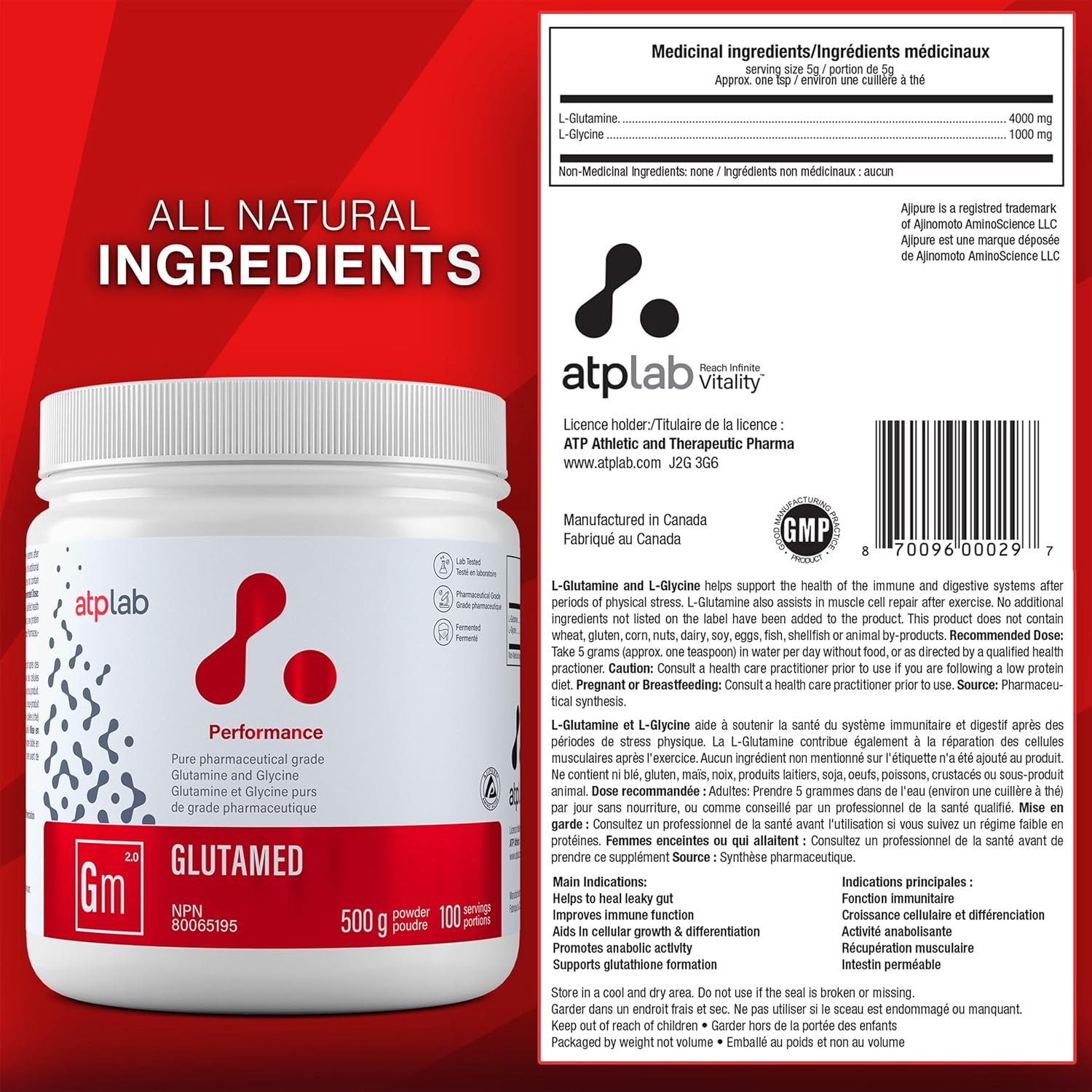 ATP LAB Glutamed 500g - High-Quality Pharmaceutical-Grade Glutamine and Glycine Blend
