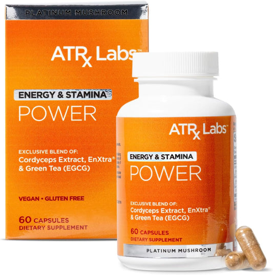 ATRx Labs Power: Mushroom Supplement for Energy & Stamina, with Cordyceps, Green Tea, Alpinia Galanga Extract - Boost Focus & Energy, Vegan, Gluten-Free - 60 Capsules