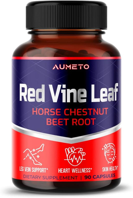AUMETO Red Vine Leaf Supplement with Horse Chestnut, Beetroot, Ginger - Vein Strength and Circulation Support - 90 Count - Made in USA - BoostGo Australia