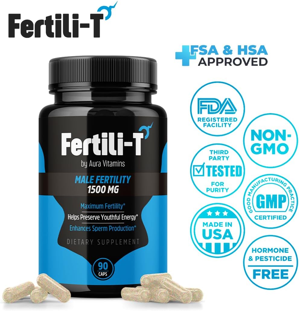 AURA VITAMINS Fertili-T Man Male Fertility Support Capsules - 1500 MG - 90 Count - Enhances Sperm Health, Energy & Wellness - Natural Fertility Optimization - Easy-to-Swallow Formula