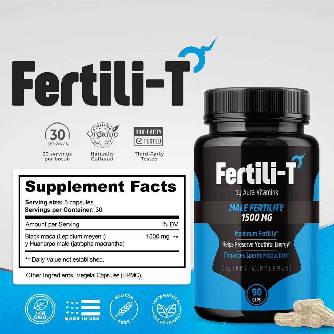 AURA VITAMINS Fertili-T Man Male Fertility Support Capsules - 1500 MG - 90 Count - Enhances Sperm Health, Energy & Wellness - Natural Fertility Optimization - Easy-to-Swallow Formula