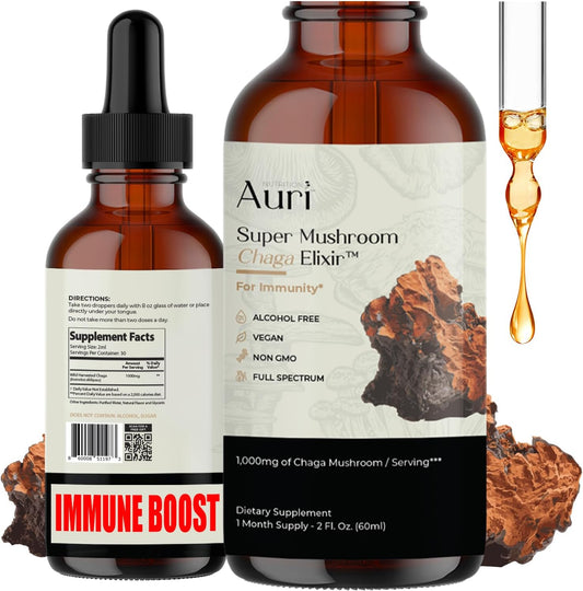 Auri Super Chaga Elixir - Mushroom Superfood Liquid Supplement for Immune Support and Energy Boost - 60ml Bottle