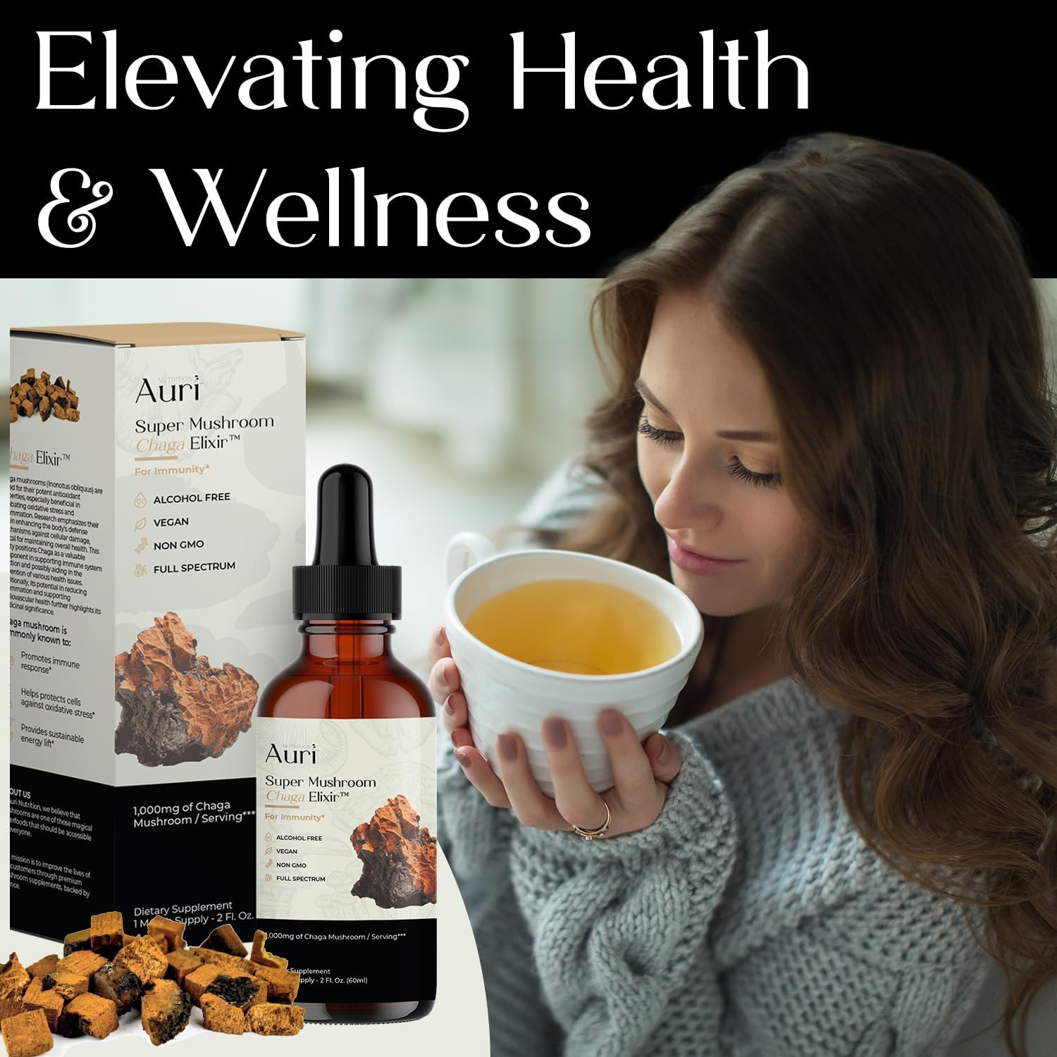 Auri Super Chaga Elixir - Mushroom Superfood Liquid Supplement for Immune Support and Energy Boost - 60ml Bottle