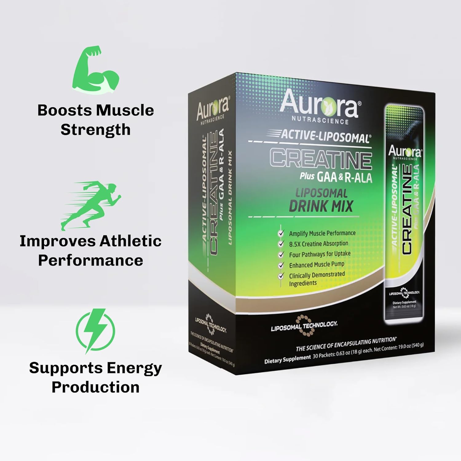 Aurora Nutrascience Active-Liposomal Creatine with GAA and R-ALA for Exercise Performance and Muscle Growth, 30 Packets - BoostGo Australia
