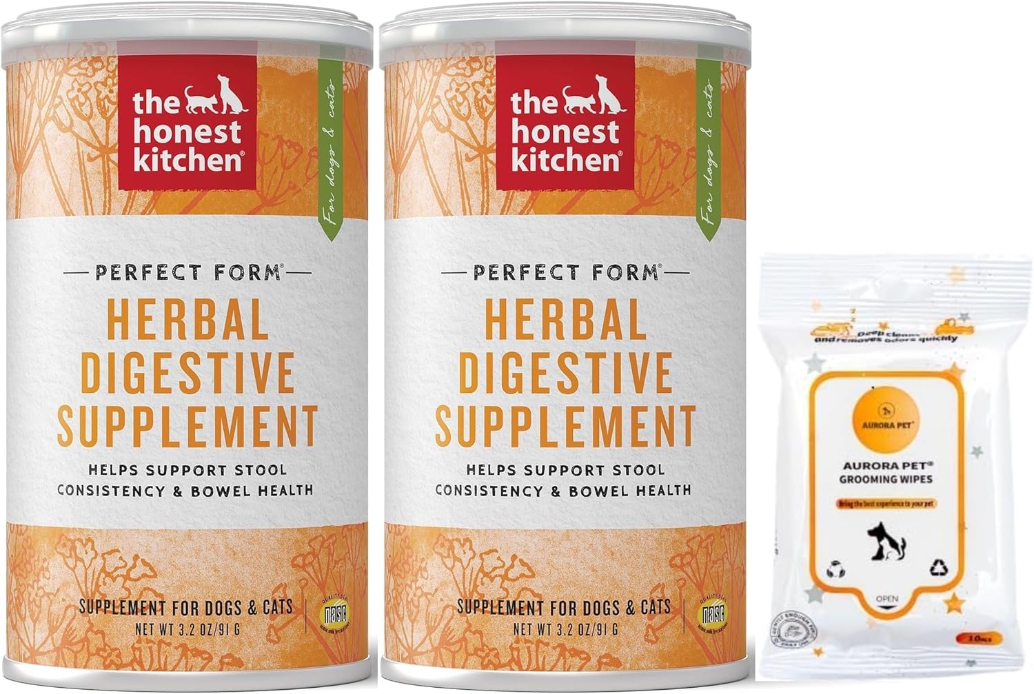 Aurora Pet Bundle Pack: Perfect Form Herbal Digestive Supplement (2-Pack) + AuroraPet Wipes (3.2-oz Each)