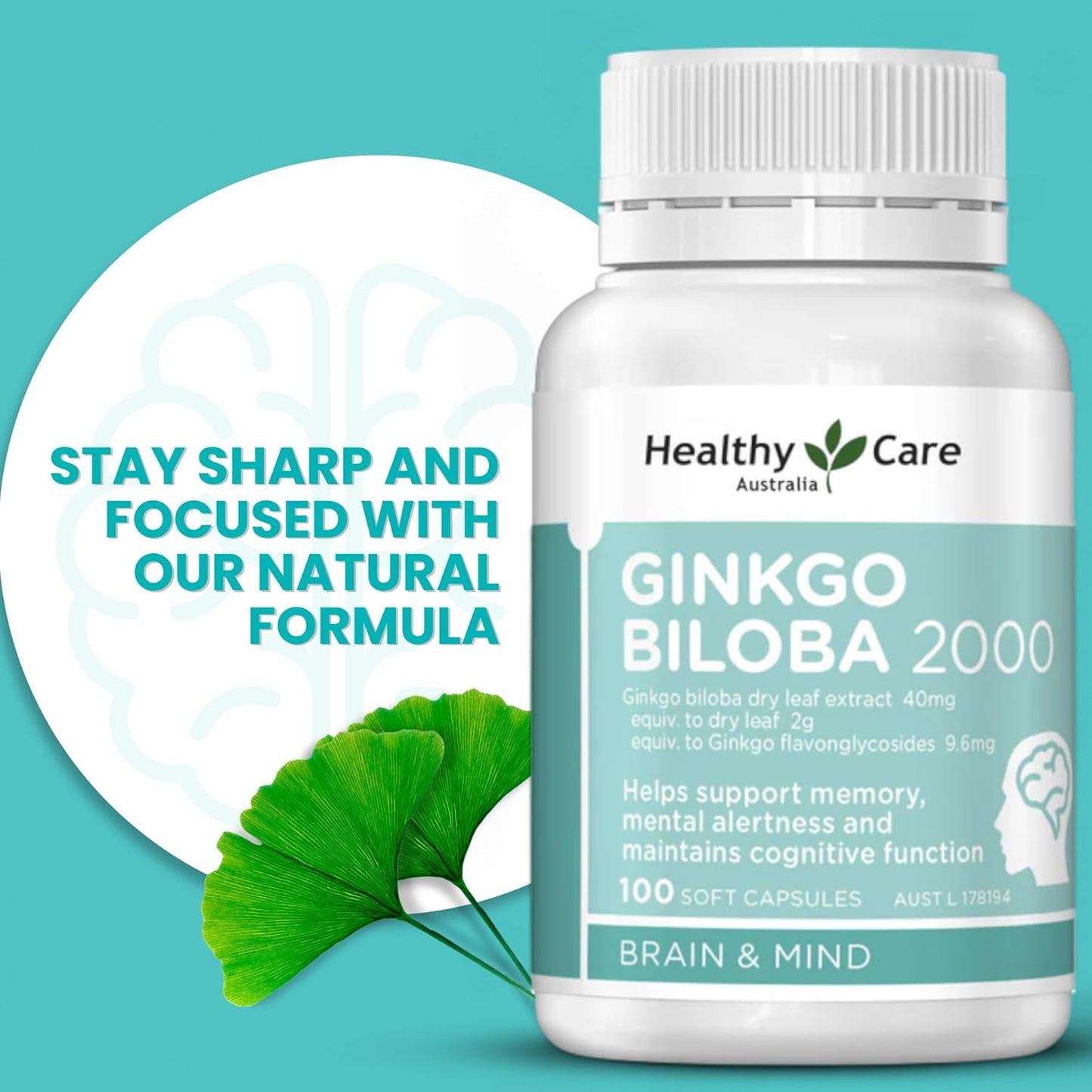 Australian Made Ginkgo Biloba Capsules - 2000mg, 100 Count - Natural Health Support