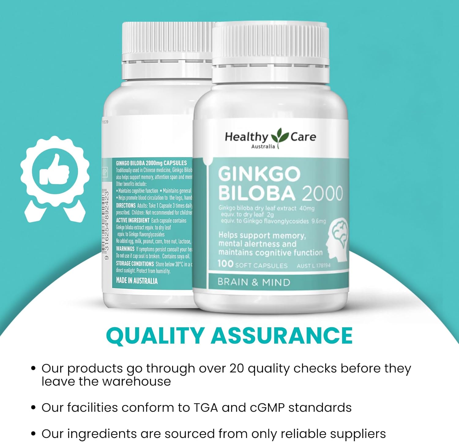 Australian Made Ginkgo Biloba Capsules - 2000mg, 100 Count - Natural Health Support