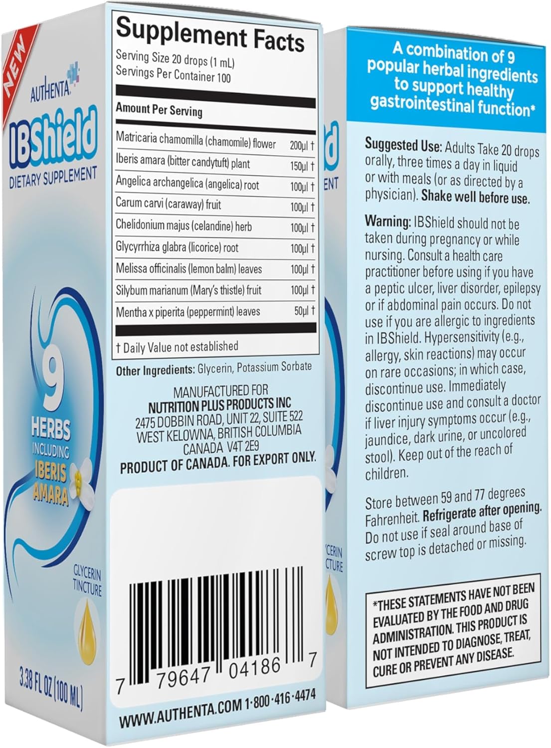 AUTHENTA IBShield Glycerin 100ml | 9 Herb Gastrointestinal Support Formula