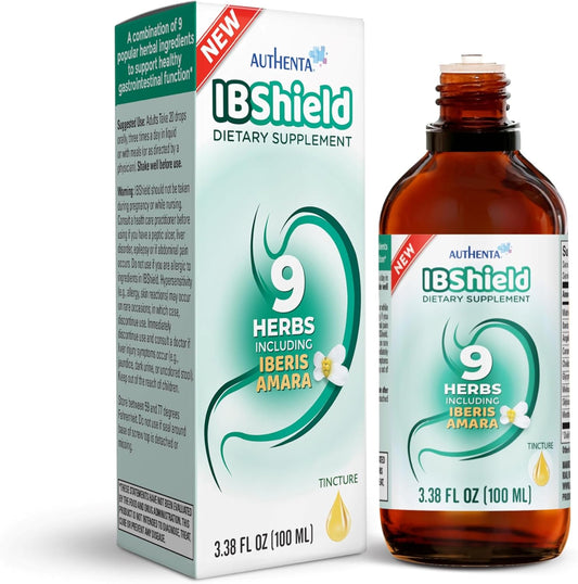 AUTHENTA IBShield Tincture 100ml | 9-Herb Formula for Gastrointestinal Health | Iberis Amara, Peppermint, Chamomile, Lemon Balm, Caraway, Licorice, Angelica, Celandine, Mary’s Thistle