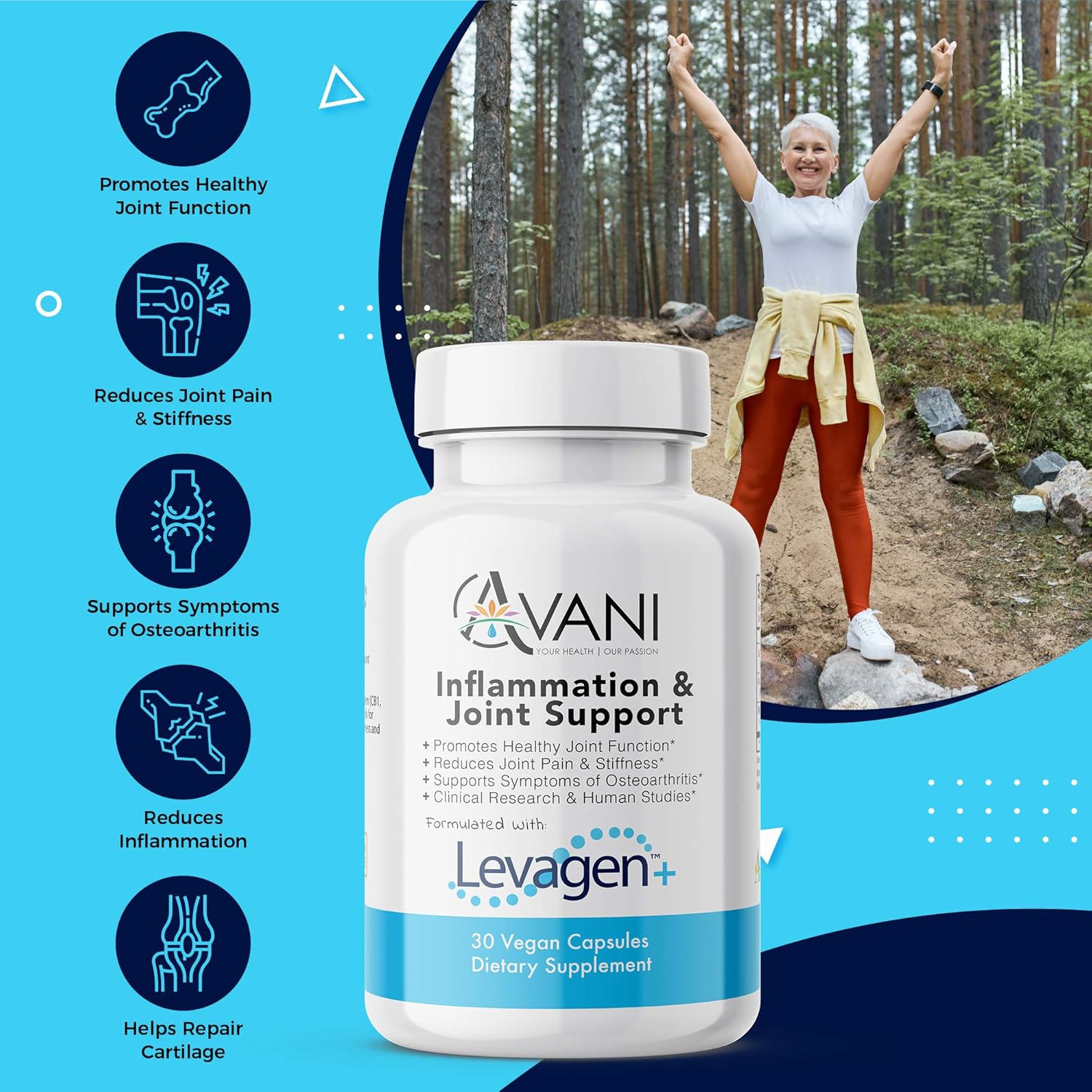 Avani Health Levagen Inflammation Supplement - Joint Support for Pain Relief - Enhanced Absorption with Bioperine and AstraGin - Gluten Free - 30 Vegan Capsules