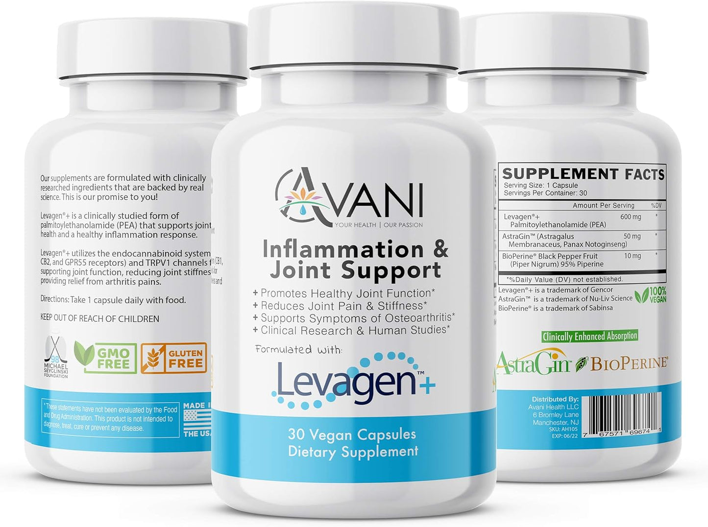 Avani Health Levagen Inflammation Supplement - Joint Support for Pain Relief - Enhanced Absorption with Bioperine and AstraGin - Gluten Free - 30 Vegan Capsules