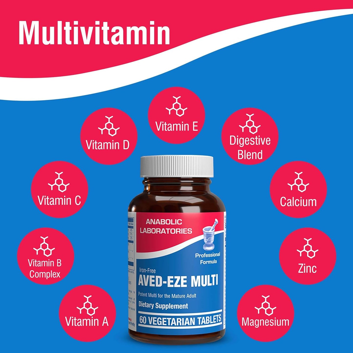 AVED Eze Iron-Free Daily Multivitamin for Men and Women - Digestive Blend, 60 Tablets - Vitamin A, C, D, E, B Complex