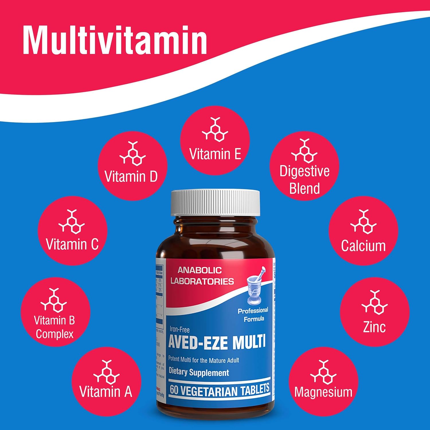 AVED Eze Iron-Free Daily Multivitamin for Men and Women - Digestive Blend, 60 Tablets - Vitamin A, C, D, E, B Complex