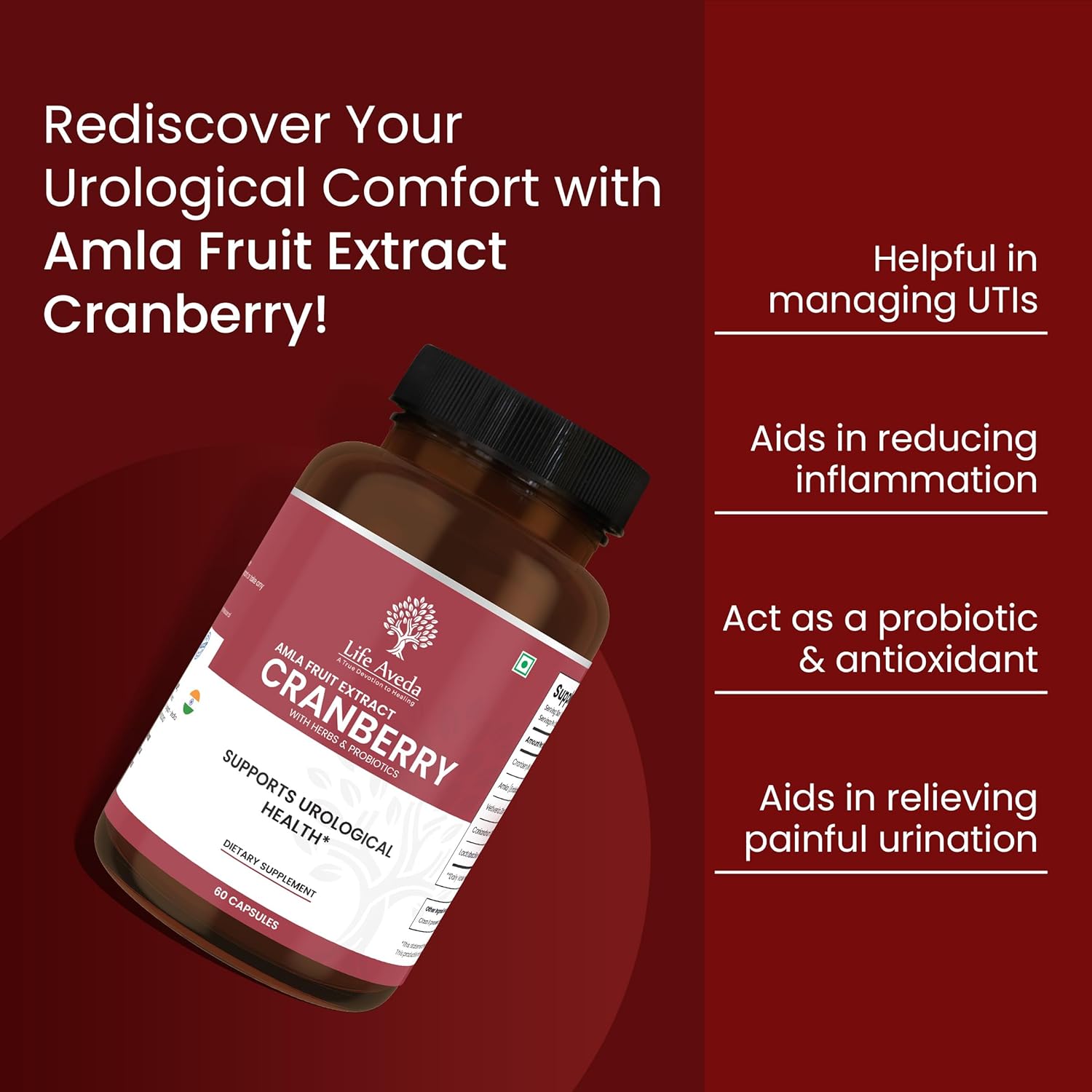 Aveda Cranberry & Amla Fruit Extract Supplement with Probiotics for Bladder & Kidney Health | Antioxidant & Detox Support | 60 Capsules