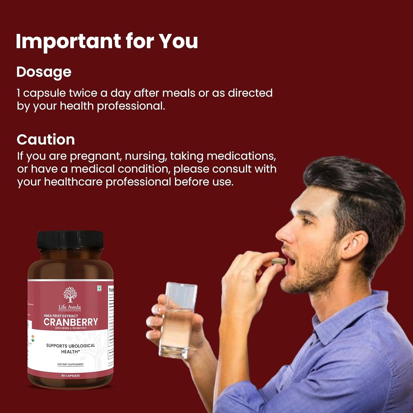 Aveda Cranberry & Amla Fruit Extract Supplement with Probiotics for Bladder & Kidney Health | Antioxidant & Detox Support | 60 Capsules