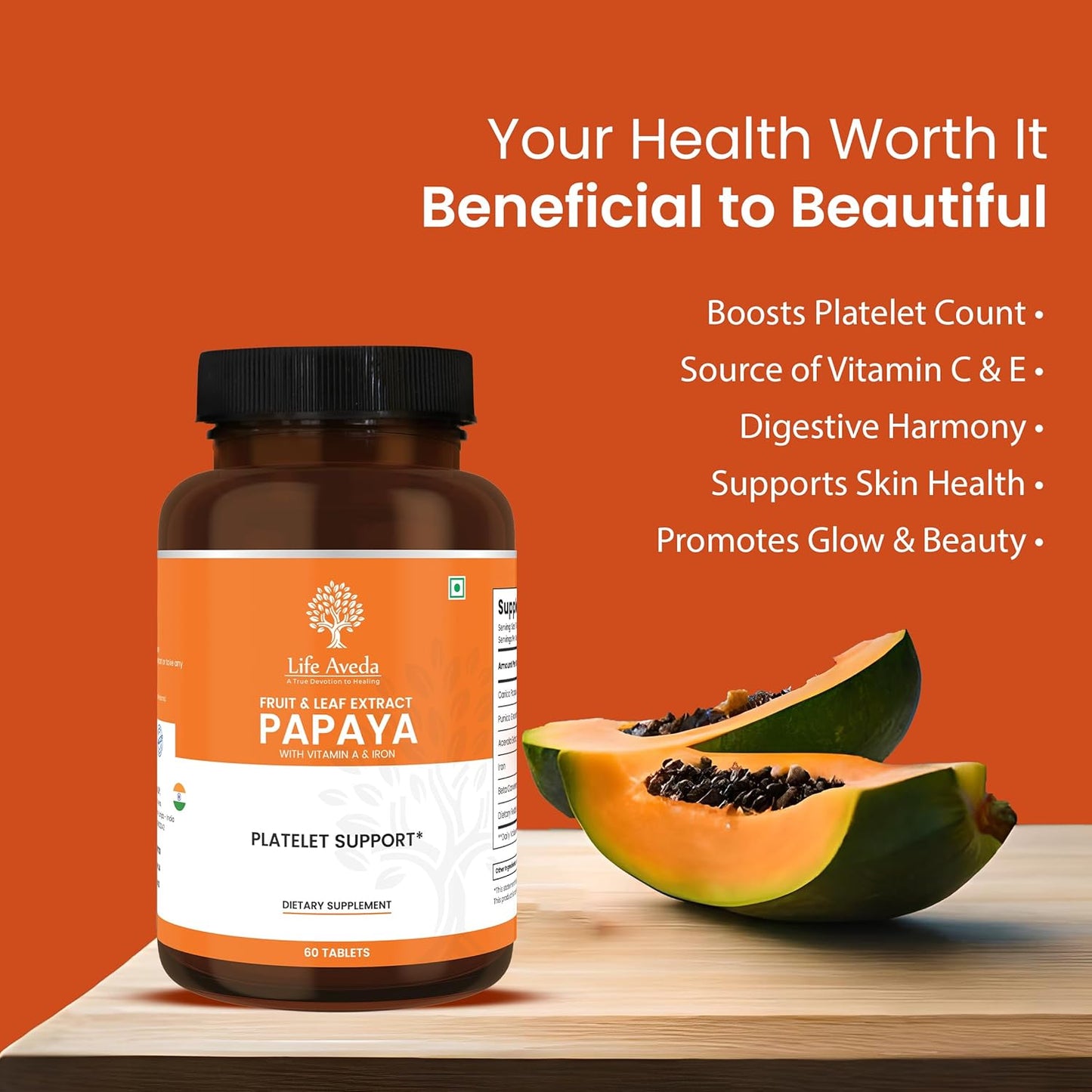 Aveda Papaya Fruit and Leaf Extract Tablets for Blood Platelets and Bone Marrow - 60 Count