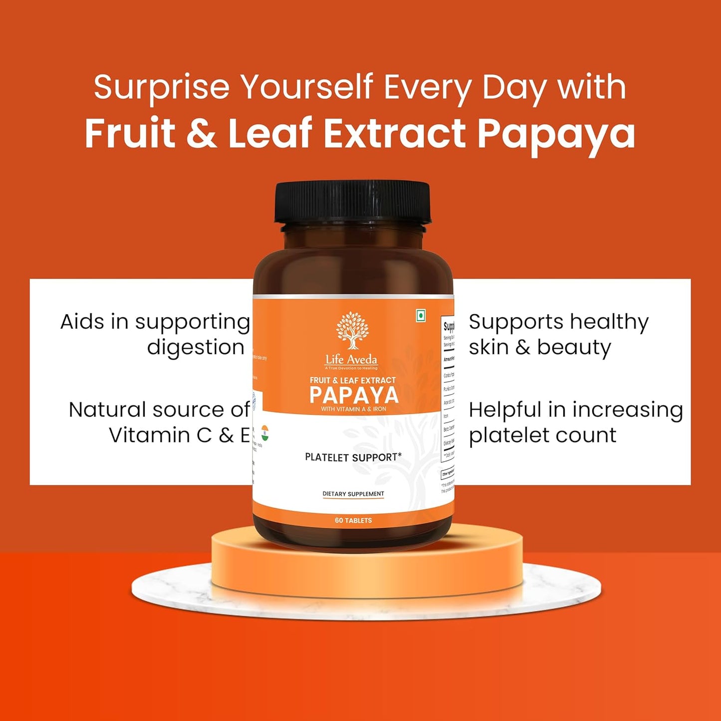 Aveda Papaya Fruit and Leaf Extract Tablets for Blood Platelets and Bone Marrow - 60 Count