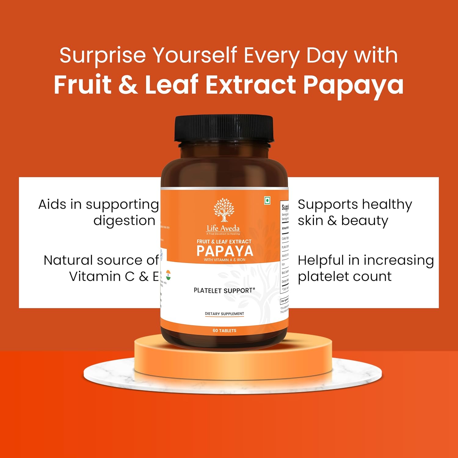 Aveda Papaya Fruit and Leaf Extract Tablets for Blood Platelets and Bone Marrow - 60 Count