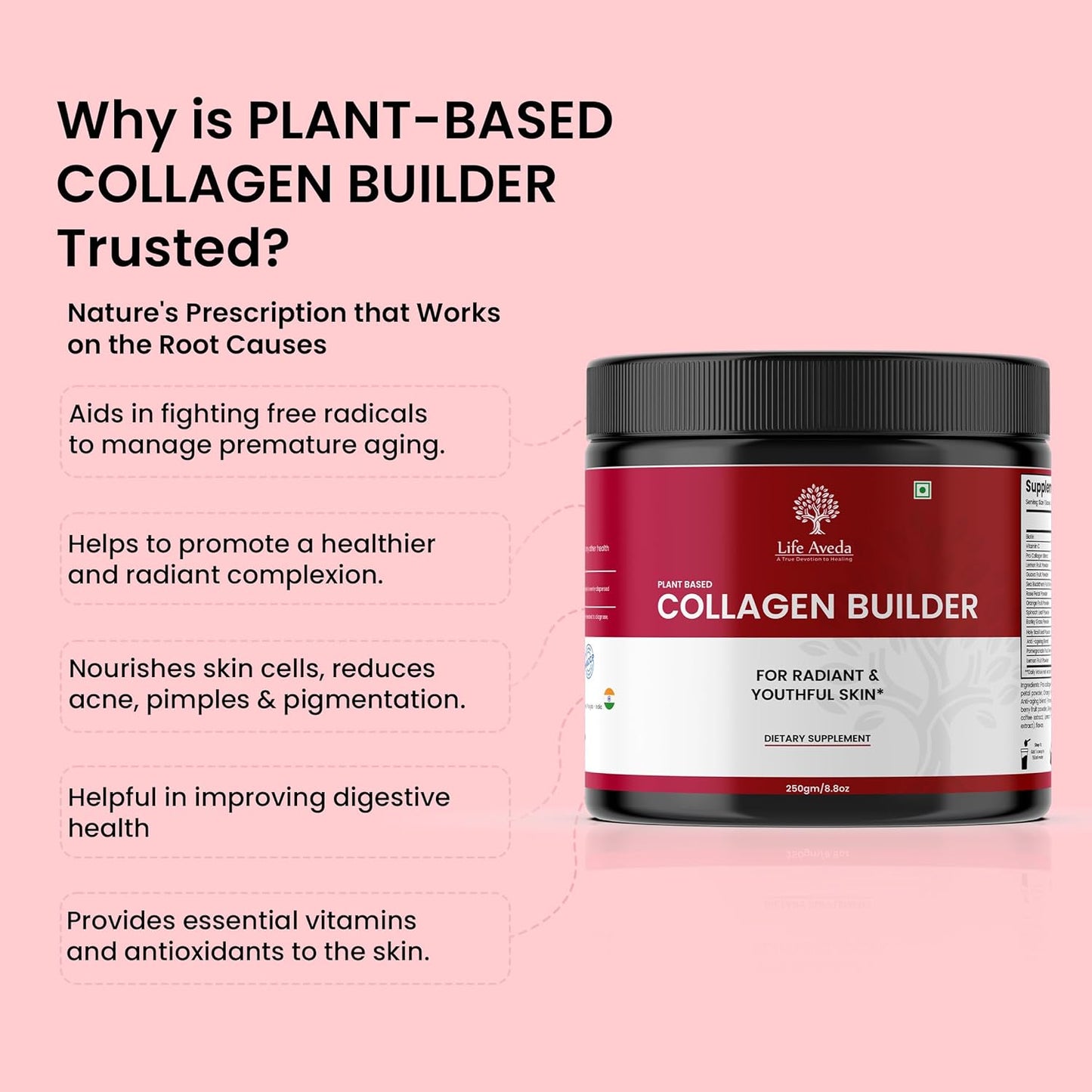Aveda Plant Based Collagen Builder Powder - Orange Flavor with Biotin and Vitamin C for Skin Radiance and Youthful Glow - 250g