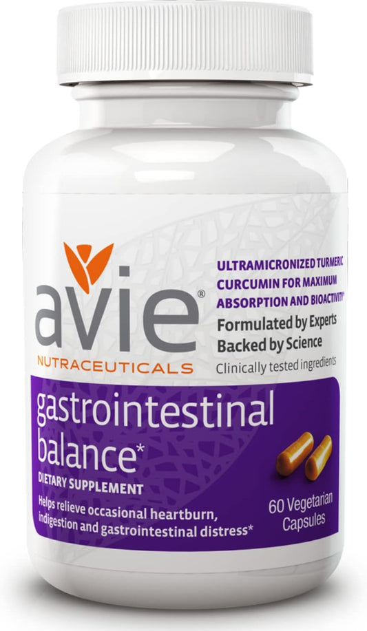 Avie NUTRACEUTICALS Curcumin Supplement for Gastrointestinal Balance - 60 Capsules with Licorice Root & Magnesium | Heartburn, Acid Reflux, Indigestion Relief - Gluten Free & GMP-Certified