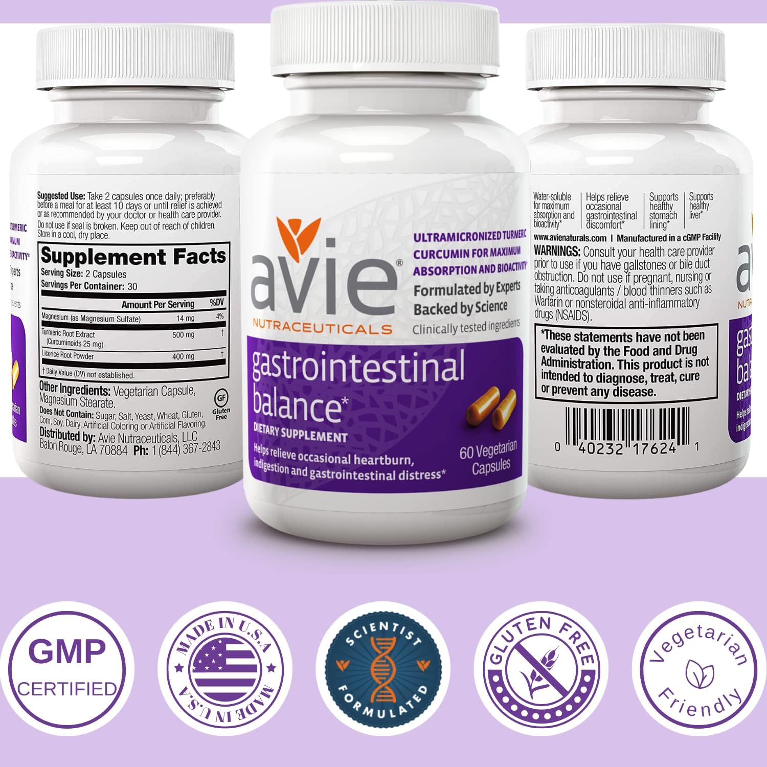 Avie NUTRACEUTICALS Curcumin Supplement for Gastrointestinal Balance - 60 Capsules with Licorice Root & Magnesium | Heartburn, Acid Reflux, Indigestion Relief - Gluten Free & GMP-Certified
