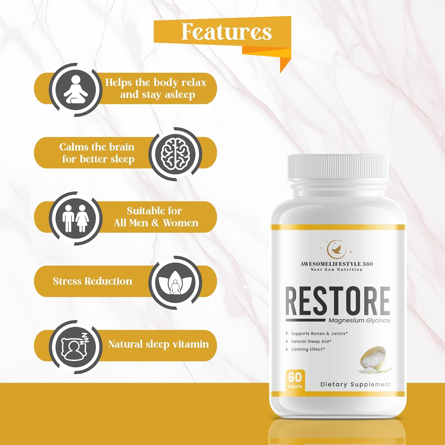 Awesomelifestyle360 Next Gen Nutrition Magnesium Glycinate Sleep Aid Tablets - Supports Brain, Bones, Joints