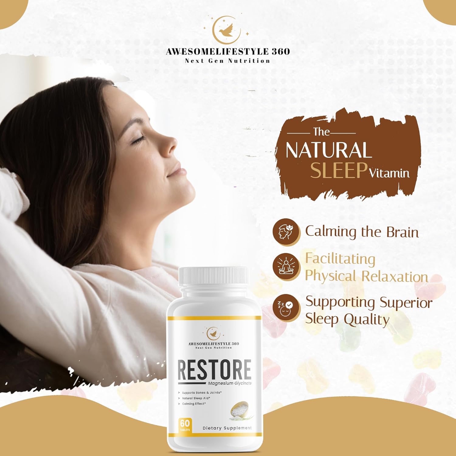 Awesomelifestyle360 Next Gen Nutrition Magnesium Glycinate Sleep Aid Tablets - Supports Brain, Bones, Joints