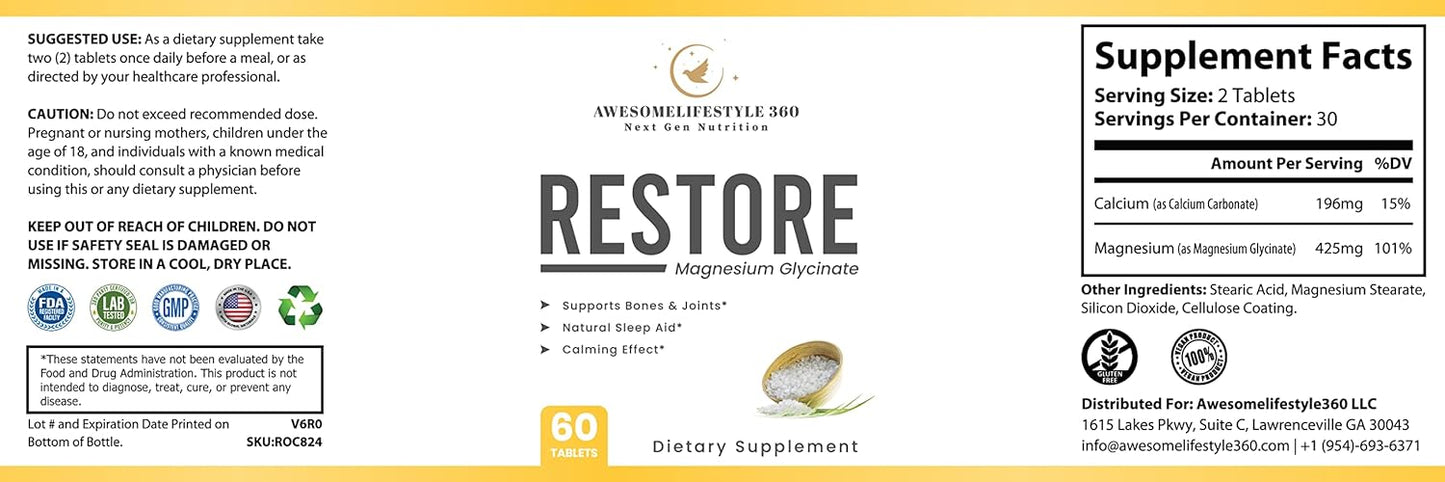 Awesomelifestyle360 Next Gen Nutrition Magnesium Glycinate Sleep Aid Tablets - Supports Brain, Bones, Joints