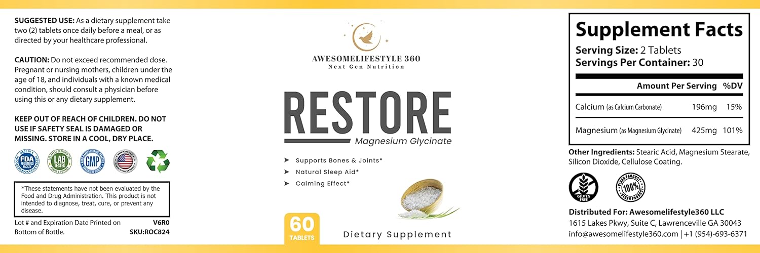 Awesomelifestyle360 Next Gen Nutrition Magnesium Glycinate Sleep Aid Tablets - Supports Brain, Bones, Joints