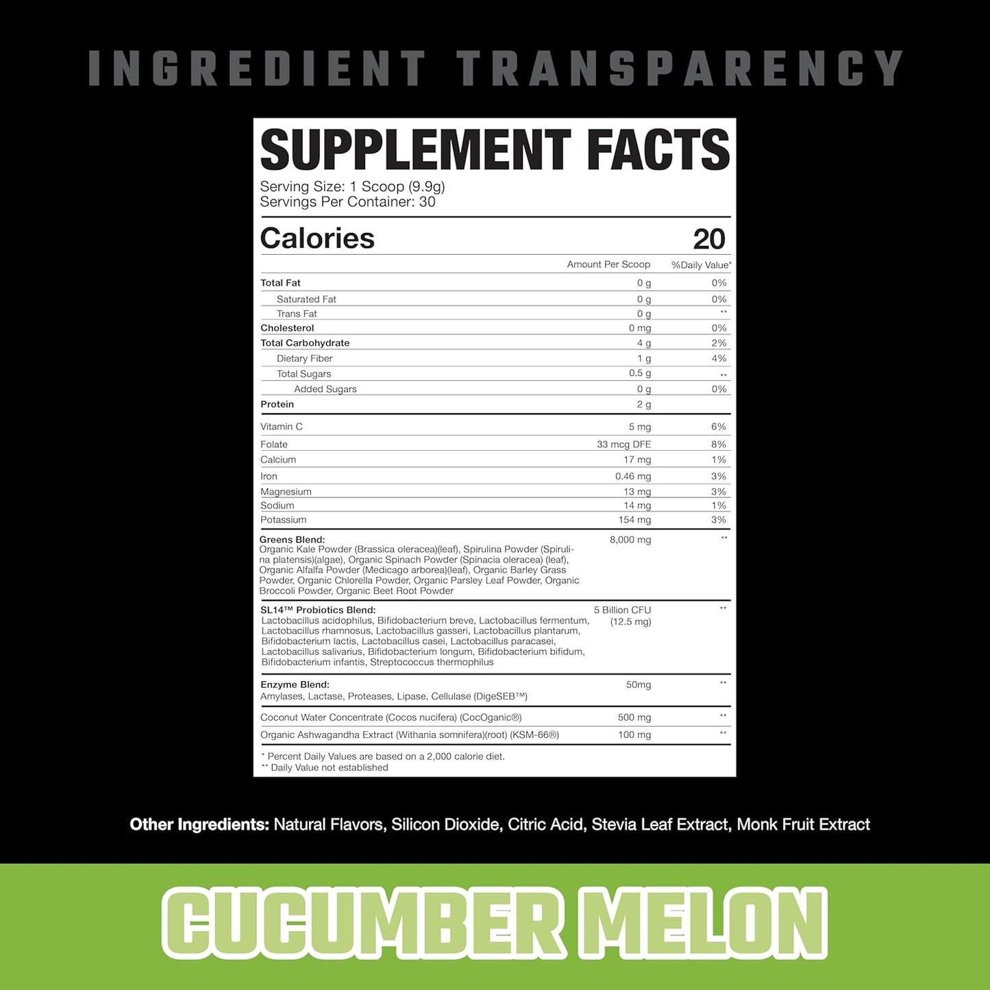 Axe & Sledge Greens+ Superfood Powder - Antioxidants, Probiotics, Digestive Enzymes, Ashwagandha, Coconut Water, 30 Servings - Cucumber Melon V2