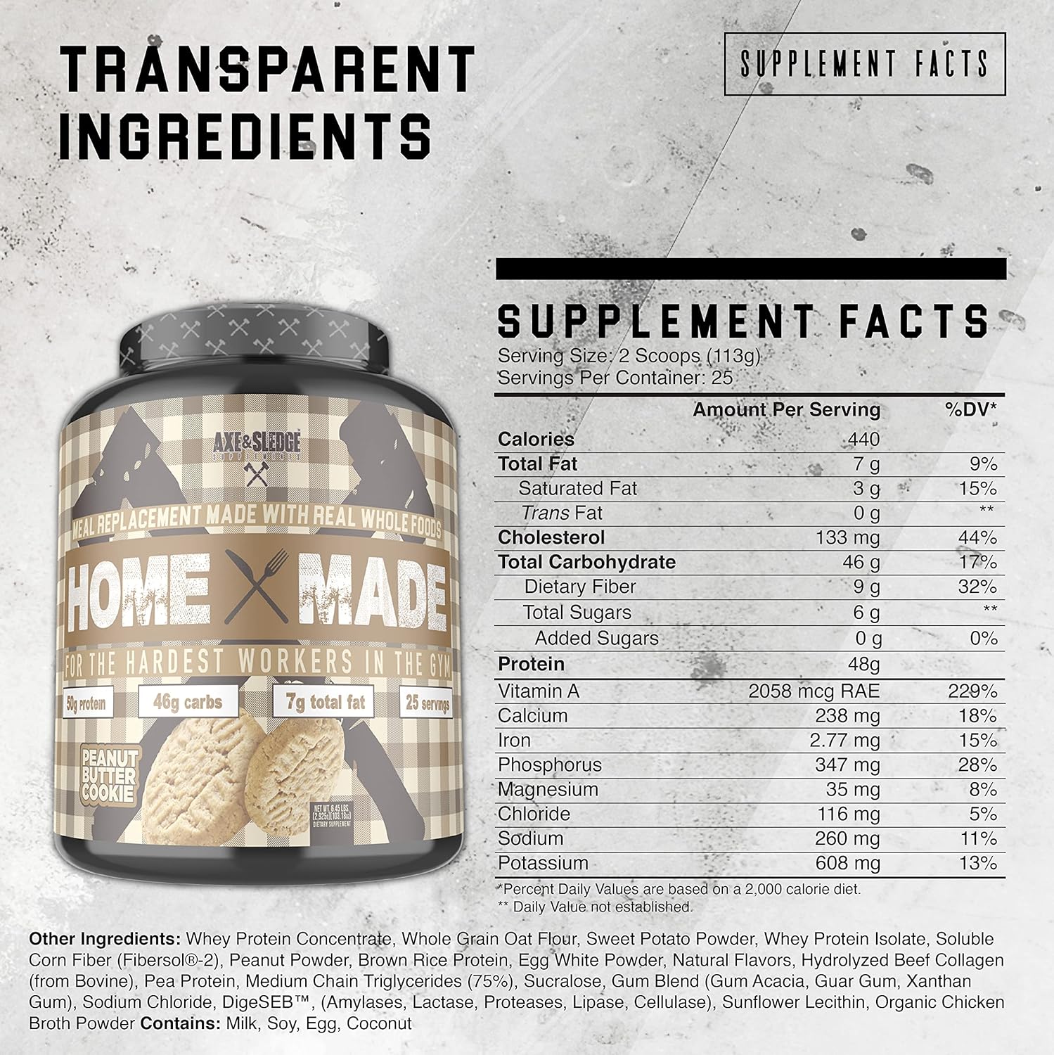 Axe & Sledge Homemade Meal Replacement Powder with Digestive Enzymes, Protein, Carbs, Fats - Peanut Butter Cookie Flavor (25 Servings)