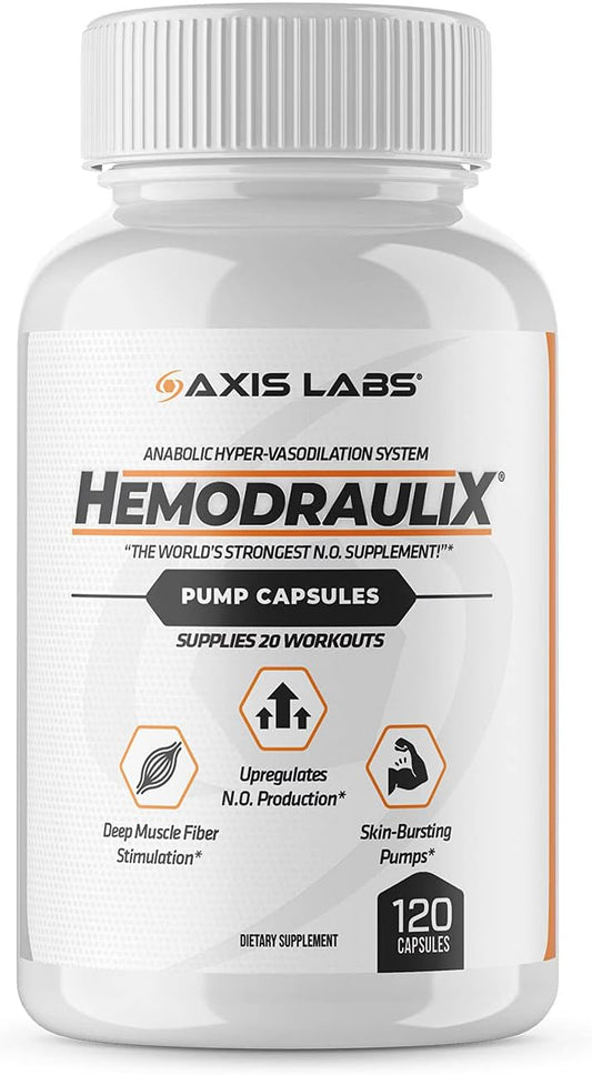 Axis Labs HemodrauliX Pump Capsules - Nitric Oxide Booster for Muscle Growth & Vascularity - 120 Capsules for 20 Workouts
