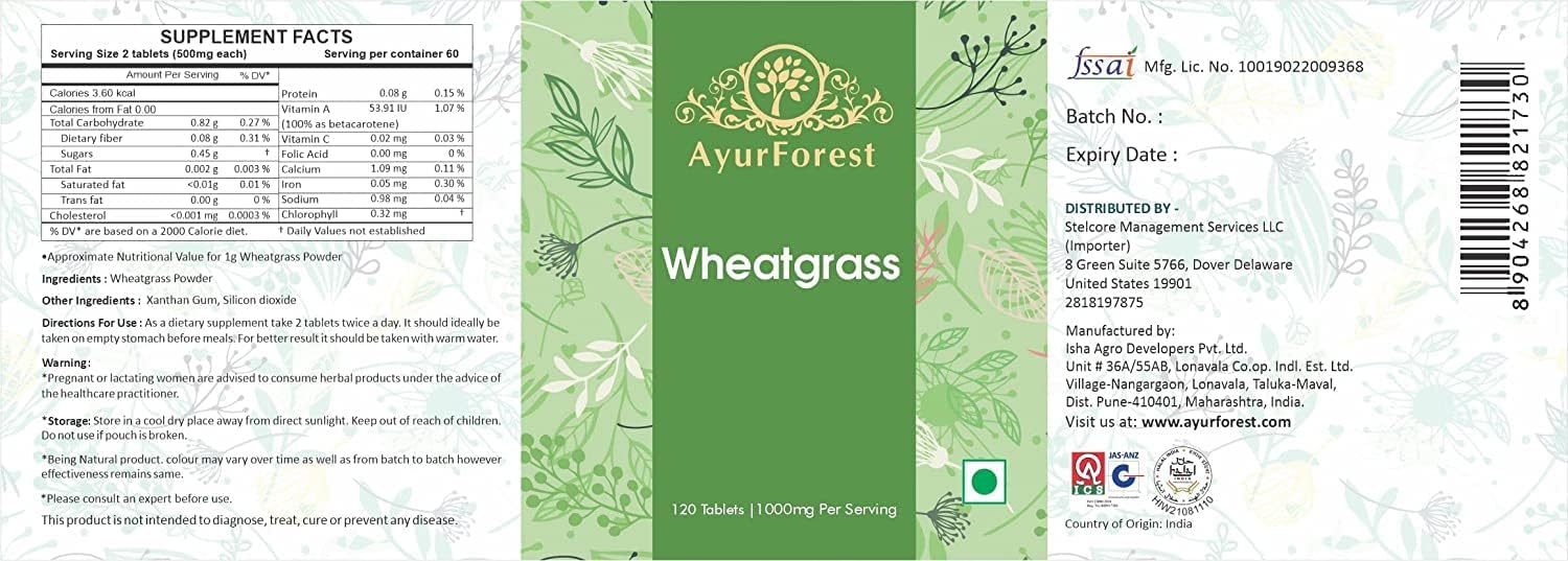 AYURFOREST Wheatgrass Tablets 500mg - 120 Herbal Supplements
