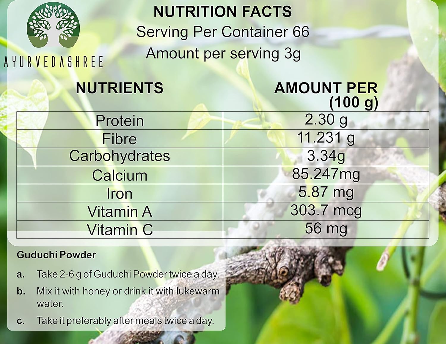 Ayurvedashree Guduchi Powder 200g - Pure Giloy Powder for Immune Support - Tinospora Cordifolia - Non GMO - Gluten Free - 100% Natural