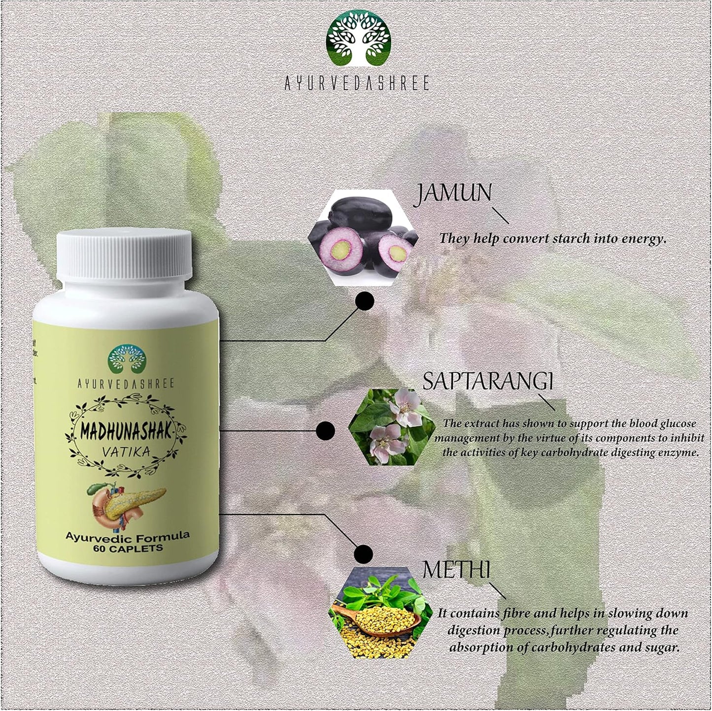 Ayurvedashree Madhunashak Vatika 60 Caplets - 1000 MG Natural Herb Extracts - Ayurvedic Formula