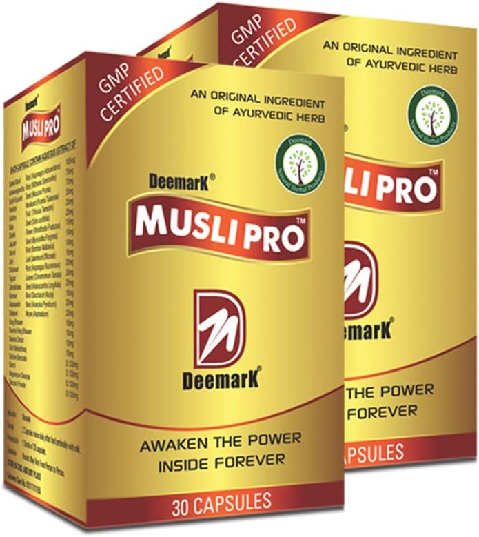 Ayurvedic Deemark Musli Pro Capsules - Boost Strength, Stamina, Power, Immunity, and Reduce Stress - 60 Count